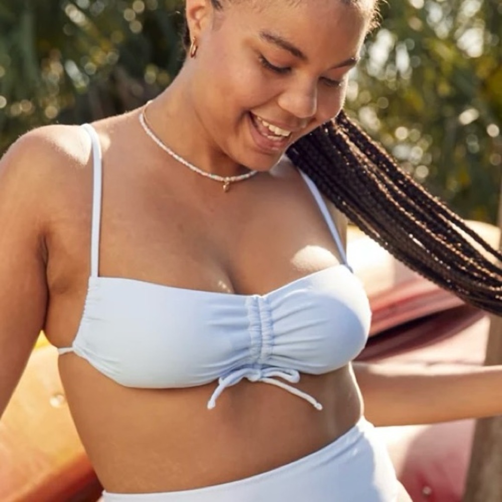 Aerie Ruched Bandeau Bikini Top in Lace Blue. NWT. Size XS